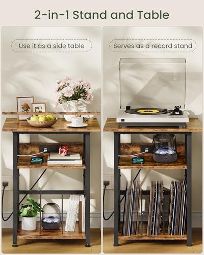 CHOEZON Record Player Stand with Power Outlet, Vinyl Record Storage Side Table, 19" Large Tabletop, Charging Station & Crossed Frame Design for Turntable, Rustic Brown and Black TBZ48UBF CHOEZON