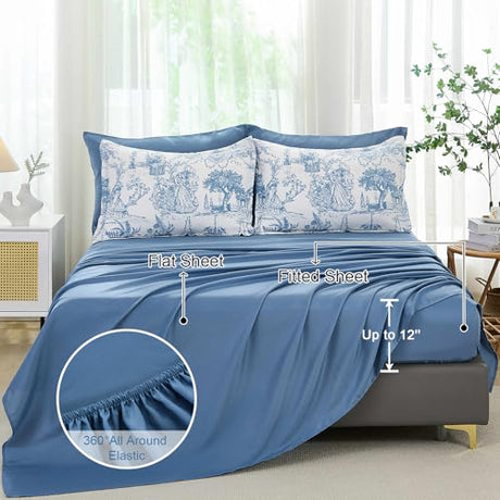 Blue Comforter Set King 7 Piece Bed in a Bag Toile de Jouy Botanical Comforter with Sheet Set Soft Micorfiber Bedding Set (1 Comforter,2 Pillow Shams,1 Flat Sheet,1 Fitted Sheet,2 Pillowcases) Xruibed
