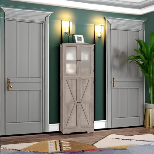 BOTLOG Farmhouse Bathroom Storage Cabinet, 67'' Tall Storage Cabinet with Barn Doors and Shelves, Kitchen Pantry Cabinet for Living Room, Dining Room, Rustic Grey BOTLOG