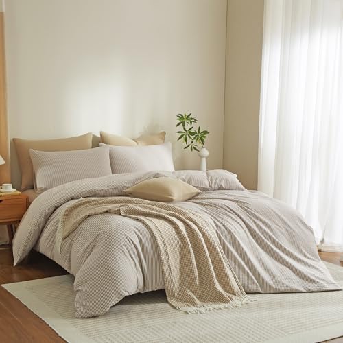 MWL Toy Striped Duvet Cover Set Full Size 3 Pcs Breathable Durable 100% Washed Cotton Comforter Cover for All Seasons Chic Linen Like Textured Bedding Set (Light Brown White Pinstripes, Full) MWL Toy