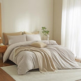 MWL Toy Striped Duvet Cover Set Full Size 3 Pcs Breathable Durable 100% Washed Cotton Comforter Cover for All Seasons Chic Linen Like Textured Bedding Set (Light Brown White Pinstripes, Full) MWL Toy