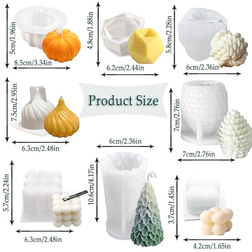 8 pcs Silicone Candle Making Molds Set, 3D Silicone Mold, Pumpkin Christmas Tree Pine Cone Yarn Ball Bubble Cube Soap Baking Desser Soy Wax Candle Mold, DIY Scented Candle (with 100pcs Wax Core)