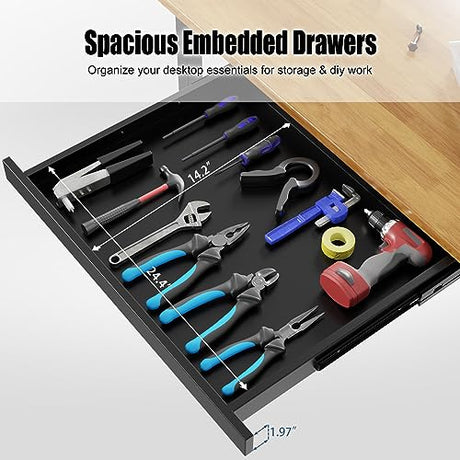 48” Adjustable Wood Work Bench, Heavy Duty Work Table with Power Outlets & Drawers Wheels for Workshop, Garage, 3000 Lbs Capacity Maemttes