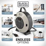 BLACK+DECKER 25 Ft. Retractable Extension Cord Reel With 4 Outlets, 2 USB Ports, Multi-Plug Extension, On/Off Switch & Heavy-Duty 16AWG SJT Cable Black + Decker