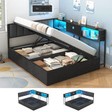 Hasuit Corner Full Lift Up Storage Bed Frame with Charging Station & LED Lights, Full Day Bed with Upholstered Headboard and Bookcase, Corner Beds with Hydraulic for Kids Teens Guests, Black Hasuit
