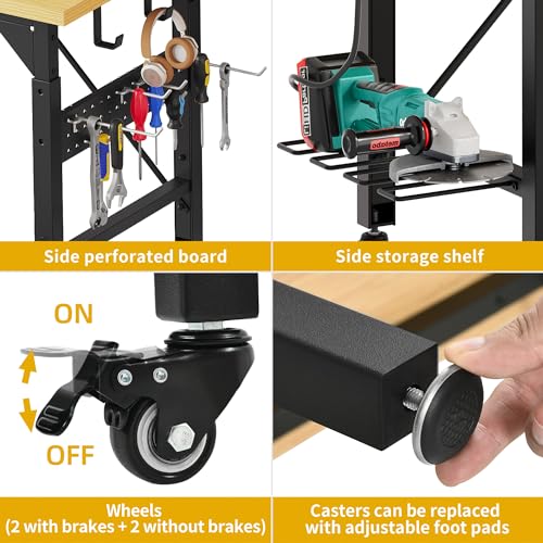 DWVO 60" Adjustable Workbench with Pegboard, Heavy Duty Wood Top Work Bench with Wheels, 1600 LBS Load Capacity, Rolling Work Table with AC/USB Outlet, Hooks, Rack for Garage, Workshop, Office, Home DWVO