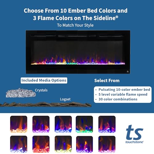 Touchstone Smart Electric Fireplace-The Sideline 36" Wide-in Wall Recessed - 30 Realistic Ember Color/Flame Options - 1,500W Heater w/Thermostat - Log & Crystal Hearth Options - Alexa/WiFi Enabled Touchstone