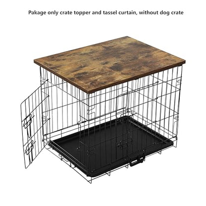 VIE DE AMAN Dog Crate Topper Wood for 48 42 36 24 inch Cages, Dog Crate Table Topper with Tassel Curtain, Rustic Style Dog Kennel Topper, Rustic Brown(Dog Crate Not Include) - WoodArtSupply