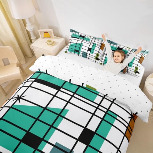 Retro Atomic Comforter Cover White Turqoise Black Bed Set, Geometric Lines Stripes Duvet Cover Queen Size Mid Century Minimalist Bedding Sets, Fifties Old Fashion Bedspread Cover Microfiber 3pcs Erosebridal
