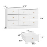WOODTIME White 9 Drawer Dresser for Bedroom, 47.2“L Wooden Double Dresser, Modern Chest of Drawers Storage Organizer Dresser for Entryway Hallway WOODTIME