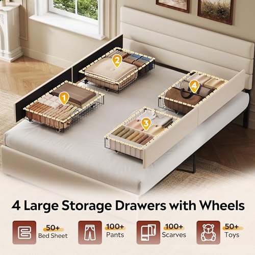 WLIVE Queen Size Upholstered Bed Frame with 4 Storage Drawers and Headboard, Velvet Platform Bedframe, Sturdy Metal & Wooden Slats Support, No Box Spring Needed, Easy Assembly, Beige WLIVE