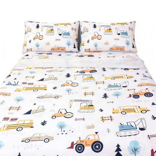 WINLIFE Kids Full Sheet Set 4 Piece Car Printed Constuction Soft Microfiber Bed Sheets - Deep Pocket - Easy Fit - Wrinkle Resistant Cozy Bedding Set for Toddler Boys Girls Teen WINLIFE