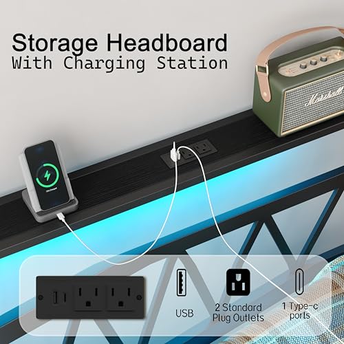HuaYing Twin Bed Frame with Smart LED Lights, Storage Headboard and USB Charging Station,Heavy Duty Wooden Slats, No Box Spring Needed, Noise Free, Easy Assembly (Classic Black, Twin) HuaYing