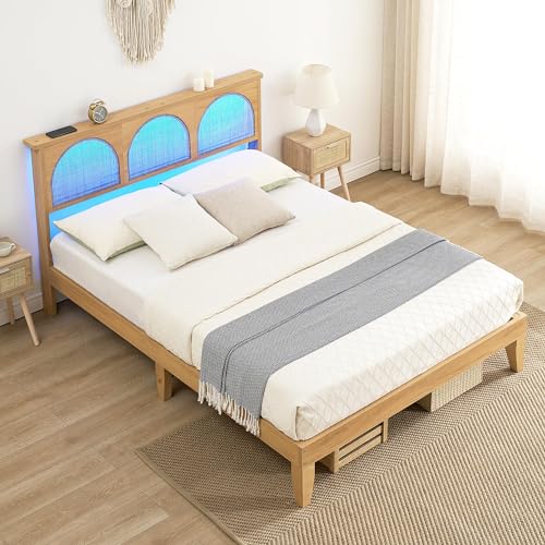 IDEALHOUSE Queen Size Rattan Bed Frame with LED Headboard and Under-Bed Storage IDEALHOUSE
