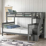 Stairway Bunk Beds Twin Over Full with 4-Step Stairs and Under-Step Storage Shelves, Gray Merax