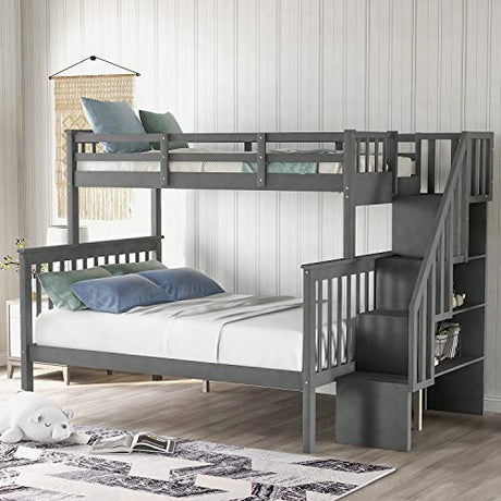 Stairway Bunk Beds Twin Over Full with 4-Step Stairs and Under-Step Storage Shelves, Gray Merax
