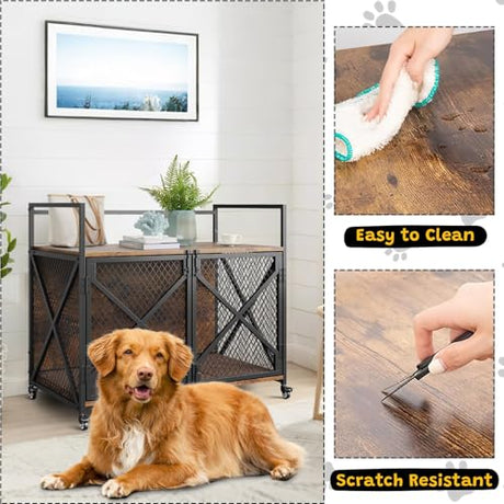 41'' Heavy Duty Dog Crate Furniture with Lockable Wheels, Decorative Wooden Dog Cage End Table, Double Door Indoor Pet Kennel with Cushion for Small, Medium & Large Dogs Up to 100 Lbs GAOMON