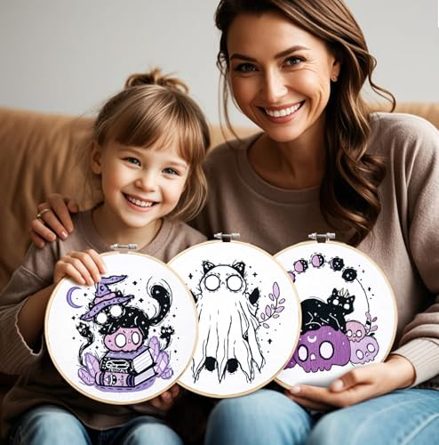 Crafmanoe Halloween Embroidery Kit for Beginners Adults, Skull Cat Stamped Cross Stitch Kit for Adult Beginner, Gothic Ghost Hand Embroidery Needlepoint Kits, 3 Set Embroidery Hoops and Video Tutorial
