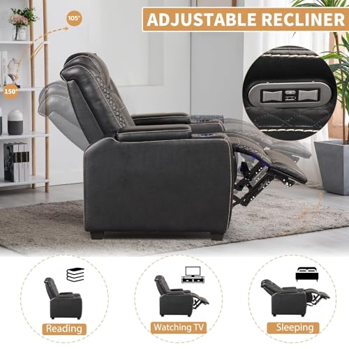 ANJ Power Home Theater Seating Recliner Chairs, PU Leather Recliner with Cup Holders, Electric Movie Theater Reclining Chairs with Adjustable Powered Headrest, LED Lights, Hidden Arm Storage (Black)