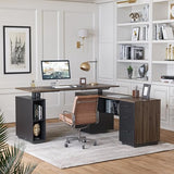 FEZIBO 63" L Shaped Standing Desk with Storage, Executive Height Adjustable Table, Deep Wood Grainy FEZIBO