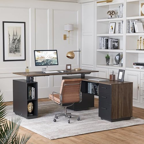 FEZIBO 63" L Shaped Standing Desk with Storage, Executive Height Adjustable Table, Deep Wood Grainy FEZIBO