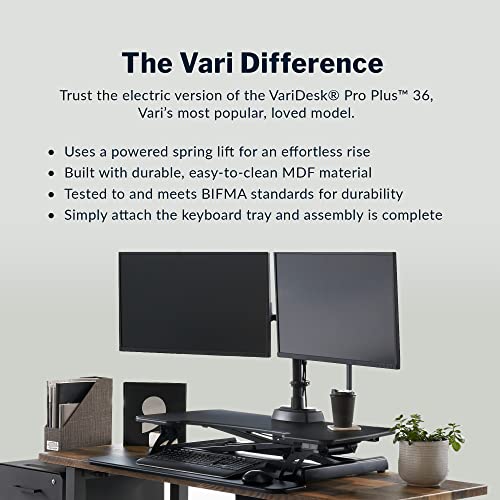 Vari Varidesk Pro Plus 36 Electric Standing Desk Converter – 11 Height Settings + Spring-Loader Lift, 2 Tier Design, Keyboard Tray – Fits Desktops 36” Wide x 26.5" Deep – Fully Assembled (Black) Vari