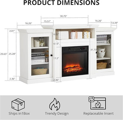 White Farmhouse Fireplace TV Stand with 3-D Real Flame Electric Fireplace for 65/75 inch TV, 31" Tall Highboy Entertainment Center, TV Console with 2 Glass Doors & Open Shelf for Living Room