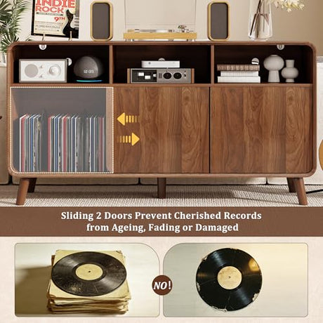 Nasonet Record Player Stand with Vinyl Storage Cabinet, 55'' Large Mid Century Modern Turntable Cabinet with Charging Station & USB Ports, Curved Wood Stereo Cabinet for Living Room, Walnut Nasonet