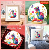 Zhenqing Rainbow Cat and Butterfly Embroidery Kit for Beginners, Whimsical Colorful Cat Design on Pre-Printed 29x29cm Circular Cotton Fabric with 20cm Hoop (C0209)
