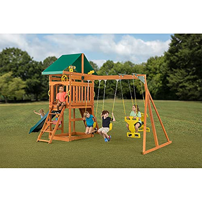 Sky View Cedar Backyard Playset | W: 17'10" D: 9'4" H: 9'9" | w/2-Person Glider & 2 Belt Swings | Binoculars, Steering Wheel & Telescope | Kids Age 3-12 | ASTM Standards | 10-Year Warranty on - WoodArtSupply