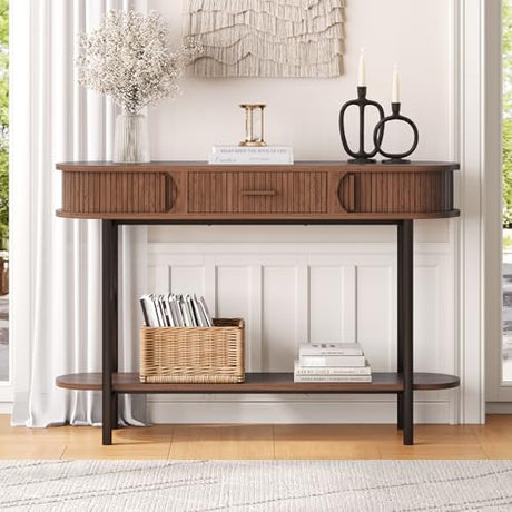 ONBRILL 47 Inch Fluted Console Table with Drawers, Entryway Table with Storage, Oval Sofa Tables Behind Couch, Mid-Century Modern Hallway Tables for Entryway, Hallway, Small Spaces, Walnut ONBRILL
