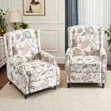 Pushback Recliner Chair, Floral Fabric Wingback Recliner Chair, Upholstered Rivet Trim Armchair Push Back Recliner Accent Chair for Small Spaces, Living Room, Plants Beige