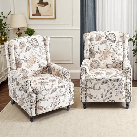 Pushback Recliner Chair, Floral Fabric Wingback Recliner Chair, Upholstered Rivet Trim Armchair Push Back Recliner Accent Chair for Small Spaces, Living Room, Plants Beige Blissabod
