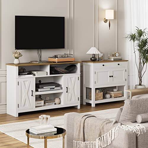 HOSTACK Farmhouse Console Table with 2-Door Cabinet & 2 Drawers, Coffee Bar, Entryway Table with Storage Shelf, Sofa Tables Buffet Sideboard for Kitchen, Hallway, Dining, Living Room, White HOSTACK