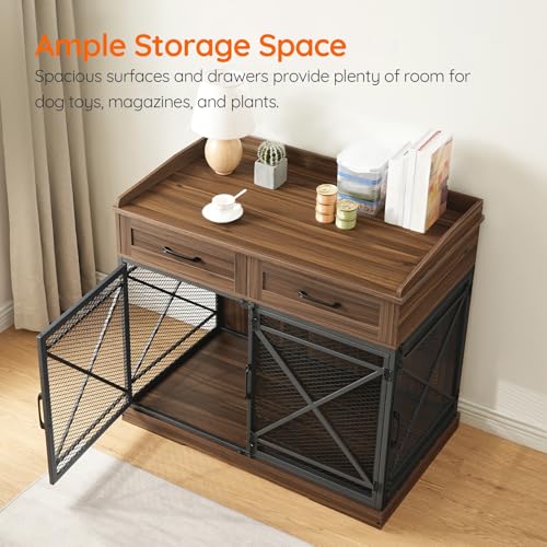 HOOBRO Heavy Duty Dog Crate Furniture, 39.4” Dog Kennel with Drawers, Wooden Dog Cage Indoor Side End Table for Medium Large Dogs, Triple Door Design, Walnut and Black WL106GW03 HOOBRO