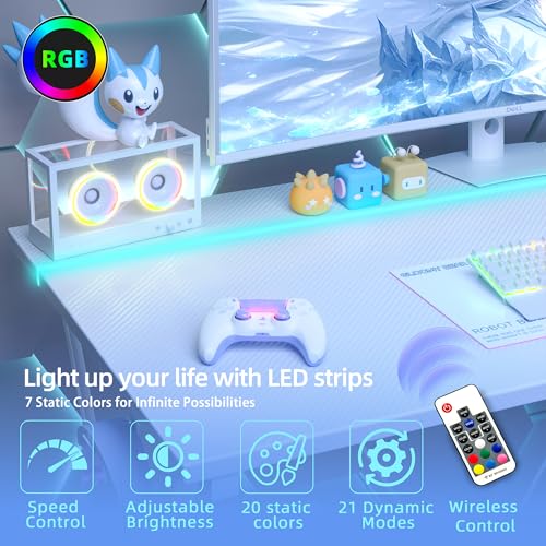 TIQLAB Gaming Desk with Power Outlets & LED 32 Inch Ergonomic Computer Carbon Fiber Surface Gamer, PC Workstation with Headphone Hook for Bedroom, Kids Desk Gift for Boys, White TIQLAB