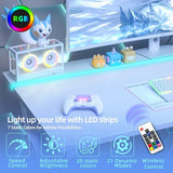 TIQLAB Gaming Desk with Power Outlets & LED 32 Inch Ergonomic Computer Carbon Fiber Surface Gamer, PC Workstation with Headphone Hook for Bedroom, Kids Desk Gift for Boys, White TIQLAB