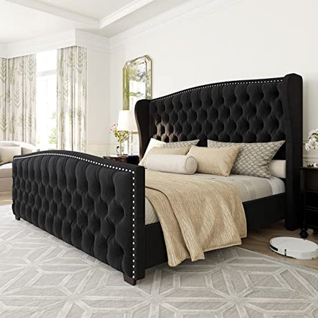 AMERLIFE Queen Size Platform Bed Frame, Velvet Upholstered Bed with Deep Button Tufted & Nailhead Trim Wingback Headboard/No Box Spring Needed/Black AMERLIFE