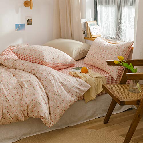 BlueBlue Rabbit Duvet Cover Set Queen 100% Cotton Bedding for Kids Boys Girls Teens Cartoon Bunny Red Flower Garden on Pink 1 Reversible Check Comforter Cover Full 2 Pillowcases BlueBlue