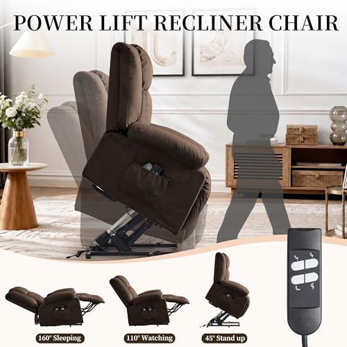 Korser Power Lift Recliner Chair for Elderly with Massage and Heat, Oversized Electric Recliner with Side Pockets, Living Room, Waffle, Brown