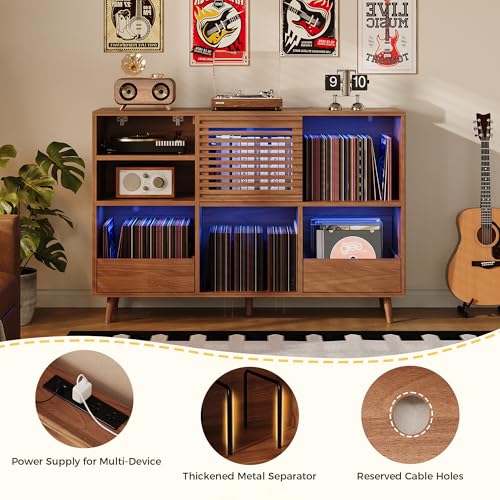IRONCK Mid Century Modern Record Player Stand, Holds 1000+ Vinyl Records with 2 Drawers, Large Turntable Stand with Charging Station & LED Light, Suitable for Living Room & Entertainment Room, Brown IRONCK