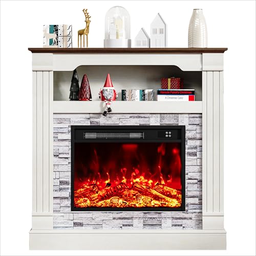 TRONLEE 40" H Electric Fireplace with Mantel, LED Flame Effect,4800 BTU Heating Small to Medium Spaces 60-99°F,Overheat Protection,Remote Control,Freestanding (Off White) TRONLEE
