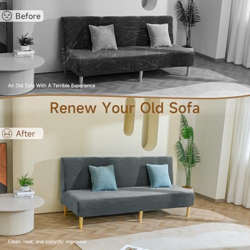 Armless Futon Cover Velvet Futon Slipcover Soft Stretch Couch Covers with No Arm Sofa Bed Cover with Non-Slip Thick Plush Furniture Protector Washable Couch Slipcovers for Living Room(Dark Grey) XIAROGEE
