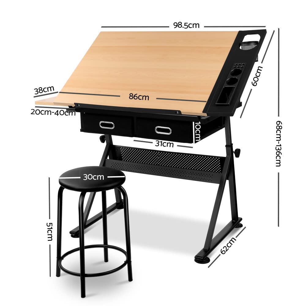 Drawing Table Stool Set Artiss Ajustable Metal Base Art & Craft Drafting Desk Table Art/Workstation with Removable Side Tray Drawers for Student Adults Artiss