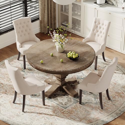 COLAMY Fabric Side Dining Chairs Set of 6, Wingback Upholstered Dining Room Chairs with Tufted Button, Living Room Chairs for Home Kitchen, Beige COLAMY