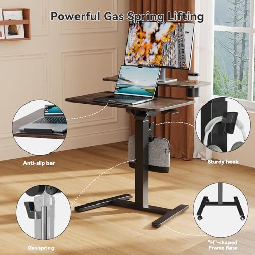 Liftsync 28 inch Mobile Standing Desk On Wheels， Small Computer Workstation Adjustable Height，Rolling Laptop Stand with Tiltable Desktop， 2-Tier Portable Study Table with Storage Shelf， Walnut Liftsync