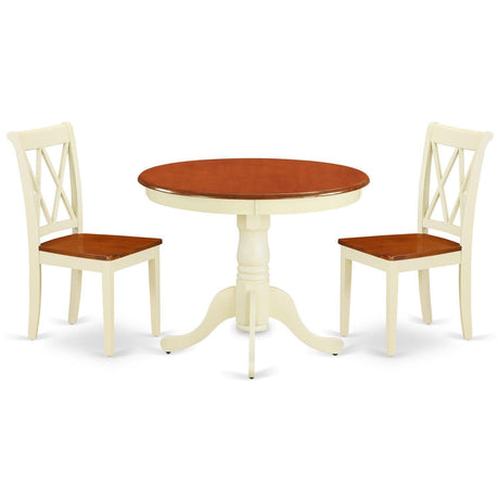 East West Furniture ANCL3-BMK-W 3 Piece Dining Table Set for Small Spaces Contains a Round Kitchen Table with Pedestal and 2 Dining Chairs, 36x36 Inch, Buttermilk & Cherry East West Furniture