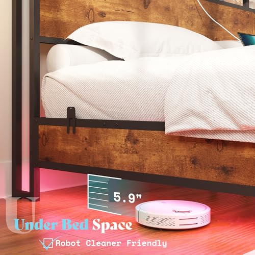 AMERLIFE King Size Floating Bed Frame with 2-Tier Storage Headboard, Metal Bed Frame with Charging Station & LED Lights, No Box Spring Needed, Rustic Brown AMERLIFE