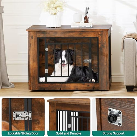 YITAHOME 32.5" L Dog Crate Furniture for Medium Dogs, 2-in-1 Iron-Wood Fusion Dog cage Indoor up to 40 lb, Side End Table, Modern Dogs Kennel with Waterproof Top, Safety Corners,Steel Lock,Rustic YITAHOME