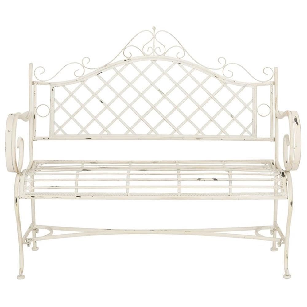 SAFAVIEH PAT5017A Collection Adina Antique White Wrought Iron 51.25" Outdoor Garden Bench SAFAVIEH